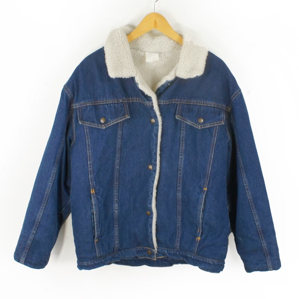 Vintage 70s 80s Faux White Fur Sherpa Lined Denim Trucker Western Jean Jacket